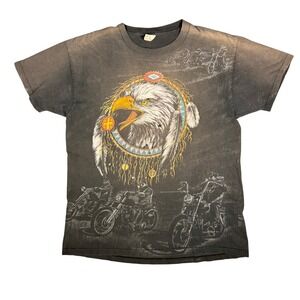 Vintage Faded Thrashed Eagle Motorcycle Graphic T Shirt CMT Large All Over Print